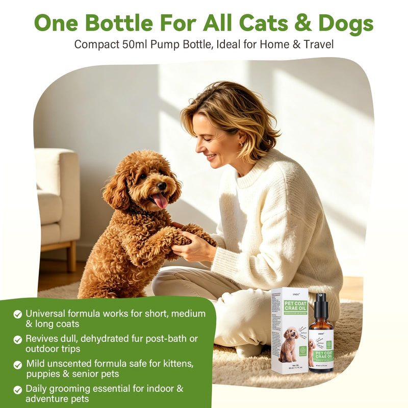 UNEK Unscented Pet Coat Oil for Dogs & Cats 50ml – Lightweight Leave-In Coat Conditioner with Olive, Coconut & Jojoba Oils – Helps Reduce Static, Smooth Frizz & Add Shine to Dry or Long Fur