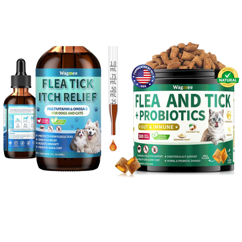 Flea and Tick Prevention for Dog and Cat & Flea and Tick Prevention for Cats Chews, Skin & Coat Support - Fleas & Tick Supplement for Cats & Dogs - Natural Chicken Flavor