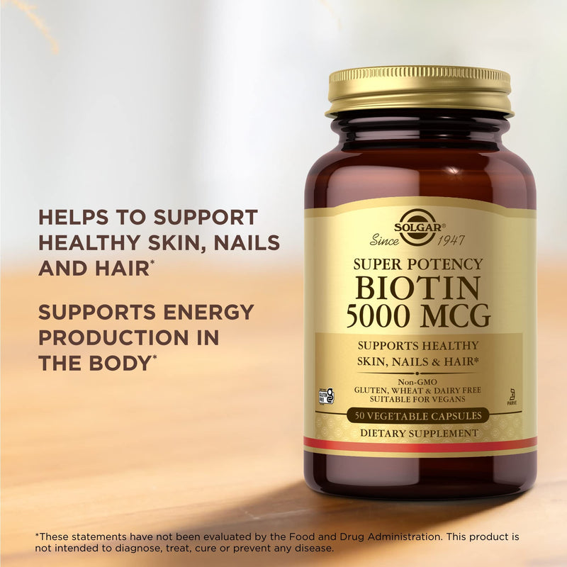 Solgar Biotin 5000 mcg - 50 Vegetable Capsules, Pack of 2 - Supports Healthy Skin, Nails & Hair - Non-GMO, Vegan, Gluten Free, Dairy Free, Kosher - 100 Total Servings