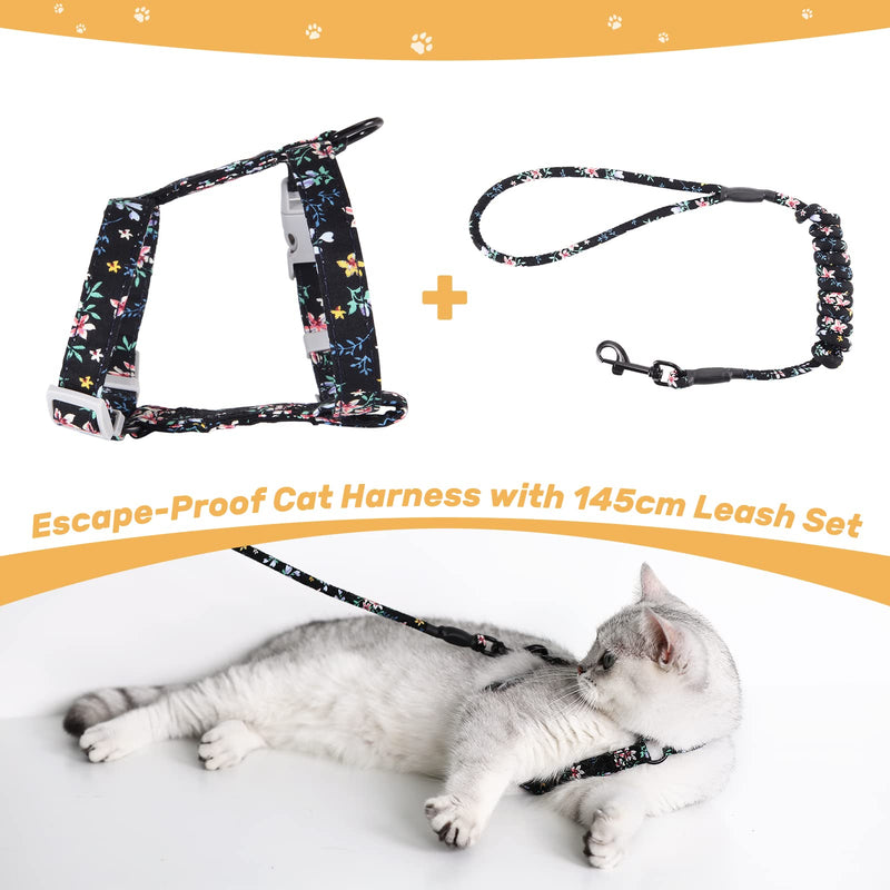 PETTOM floral pattern cat harness with leash cat leash with harness for cats with round lanyard escape-proof adjustable chest strap suitable for small and medium cats M black - BeesActive Australia
