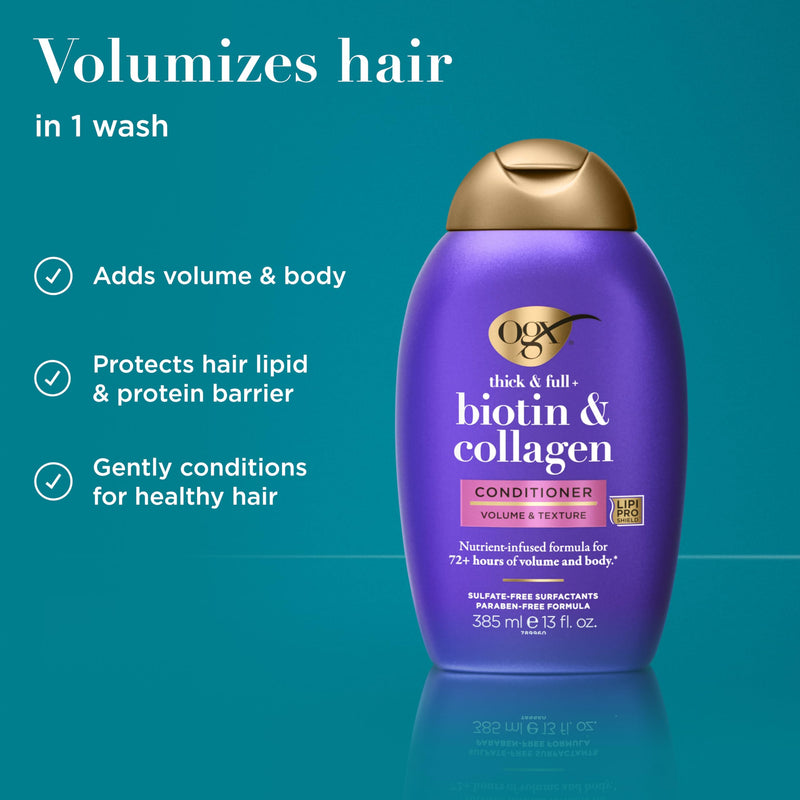 OGX Thick & Full + Biotin & Collagen Volumizing Conditioner, 13 fl oz | Nutrient-Infused, Vitamin B7 Biotin, Gives Hair Volume & Body for 72+ Hours, Sulfate-Free Surfactants 13 Fl Oz (Pack of 1)