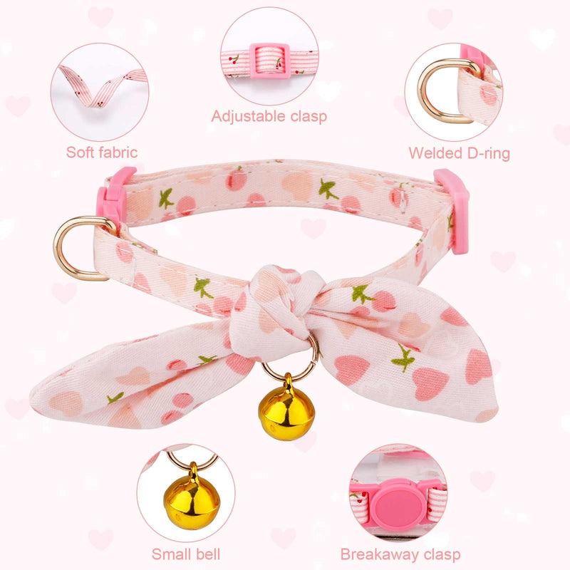 2pcs Cotton Bowtie Cat Collar with Bell, Breakaway Cute Bow Tie Kitten Collars Adjustable Cherry & Pink Heart Cat Collar for Female Cats Girl and Boy Pets - BeesActive Australia