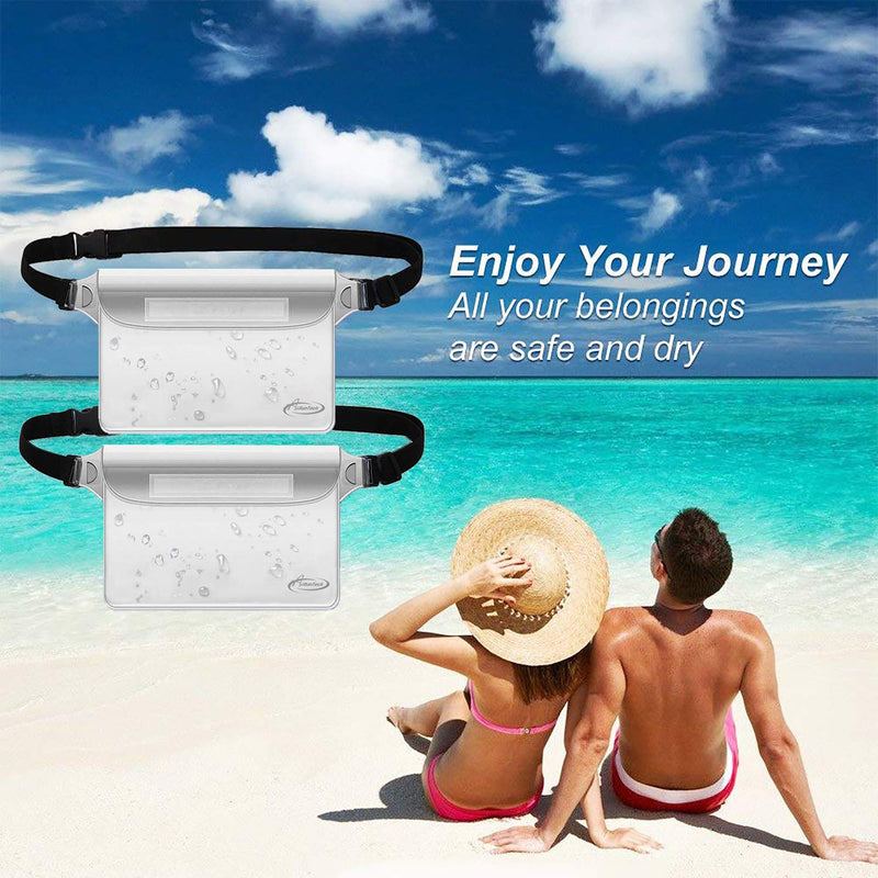 AiRunTech Waterproof Pouch with Waist Strap (2 Pack) | Beach Accessories Best Way to Keep Your Phone and Valuables Safe and Dry | Perfect for Boating Swimming Snorkeling Kayaking Beach Pool Water Park Clear + Clear