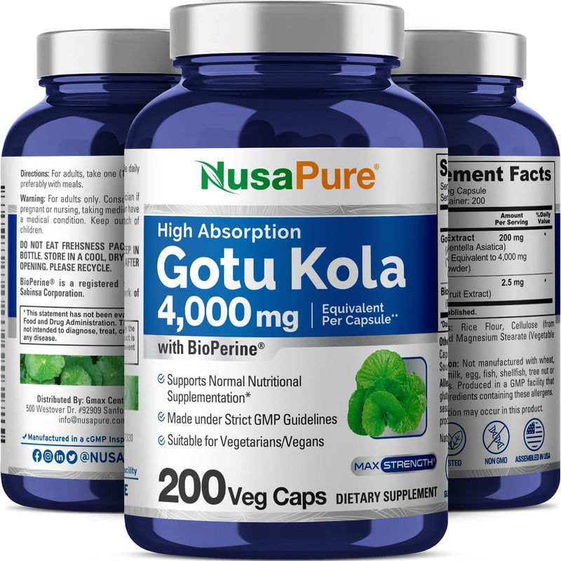 NusaPure Gotu Kola Capsules 20:1 Extract, 200 mg Equivalent to 4000mg Per Veggie Caps, 200 Count, Non-GMO, Vegan, Bioperine - Traditional Herb Extract - BeesActive Australia