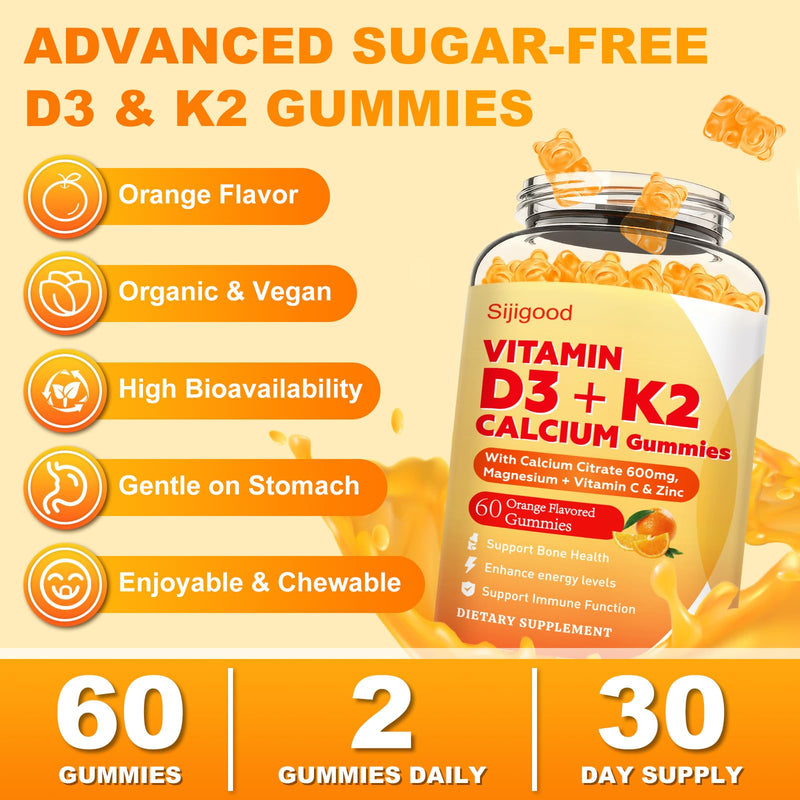 6-in-1 Vitamin D3 K2 Supplement Gummies for Women & Men, Sugar Free | Chewable Vitamin D Gummies With Magnesium, Zinc & Calcium For Bone, Immune & Energy Support, Orange Flavor, 60 Count 60 Count (Pack of 1)