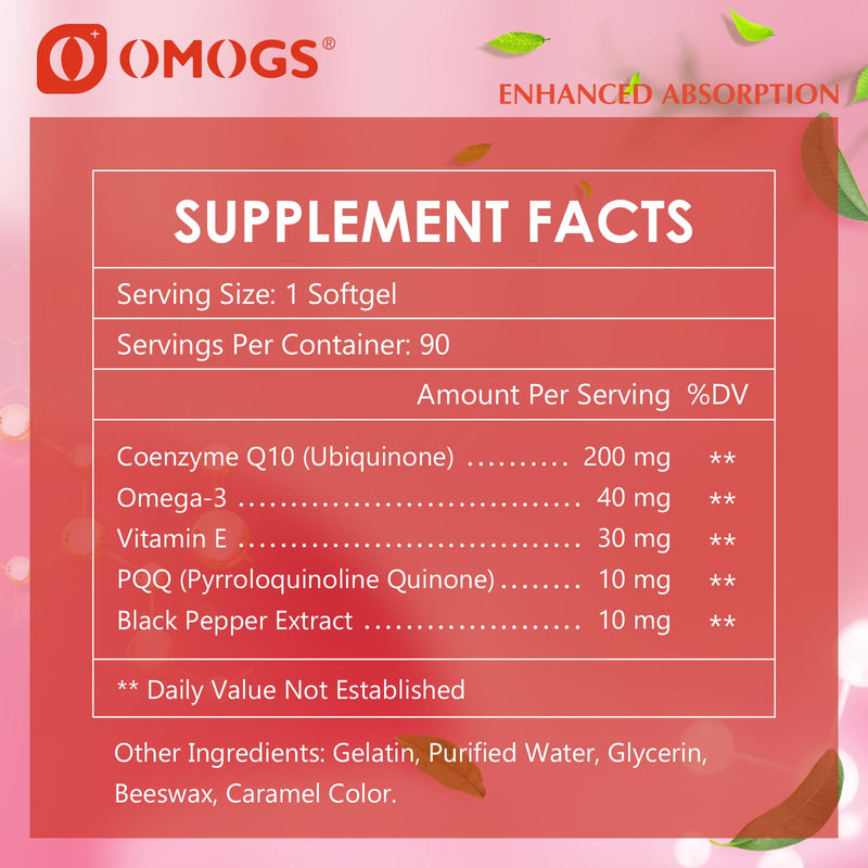 OMOGS CoQ10 200mg Softgels, Coenzyme Q10 High Absorption Supplements Support Heart Health, Cardiovascular Health, Immune System & Cellular Energy Production, Gluten Free, 90 Softgels 90 Count (Pack of 1)