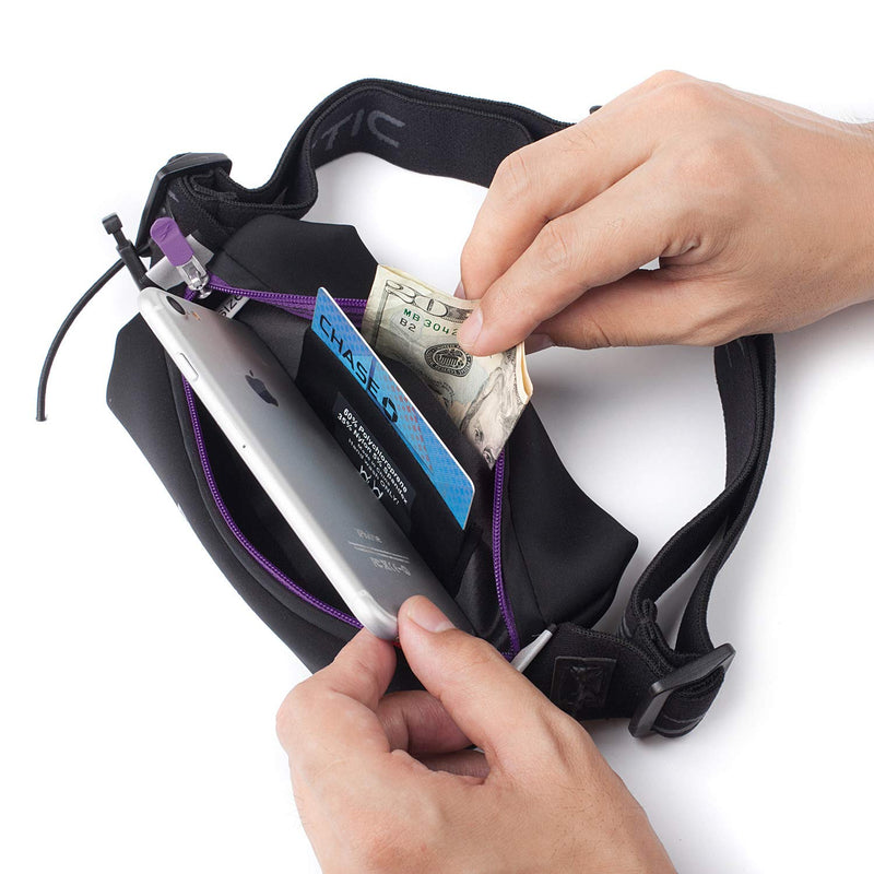 Fitletic Neo Race Belt, Black & Purple | Unique No Bounce Design for Marathon, Triathlon, Trail, 5k, 10k | Running Belt | N01R-07
