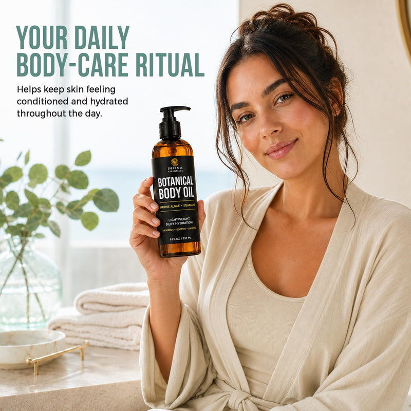 INFINA ESSENTIALS Botanical Body Oil for Dry Skin - 8 fl oz | After Shower, Lightweight Fast-Absorbing Daily Moisturizer with Marine Algae, Squalane & Vitamin E | Silky, Soft, Smooth Skin