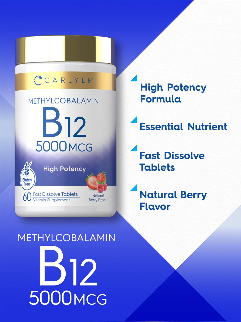 Carlyle Methylcobalamin Vitamin B12 5000mcg | 60 Fast Dissolve Tablets | For Adults | Vegan, Non-GMO & Gluten Free Supplement