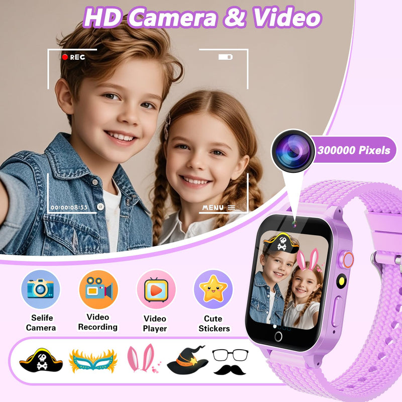 Smart Watch for Kids Girl Gift Ages 3-12, 2 Screen Protector, 26 Puzzle Games, HD Camera Video Music Player Touchscreen Pedometer, Educationtal Toy Brithday Gifts for Girl Ages 4 5 6 7 8 9 10(Purple) Purple - BeesActive Australia