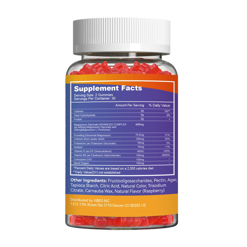 Magnesium Glycinate Gummies 400mg with L-Threonate 200mg, 60 Count | Calcium, Potassium, Vitamins D & B6, CoQ10 - High Absorption for Stress Relief & Muscle Relaxation,Non-GMO, Raspberry Flavor 60 Count (Pack of 1)