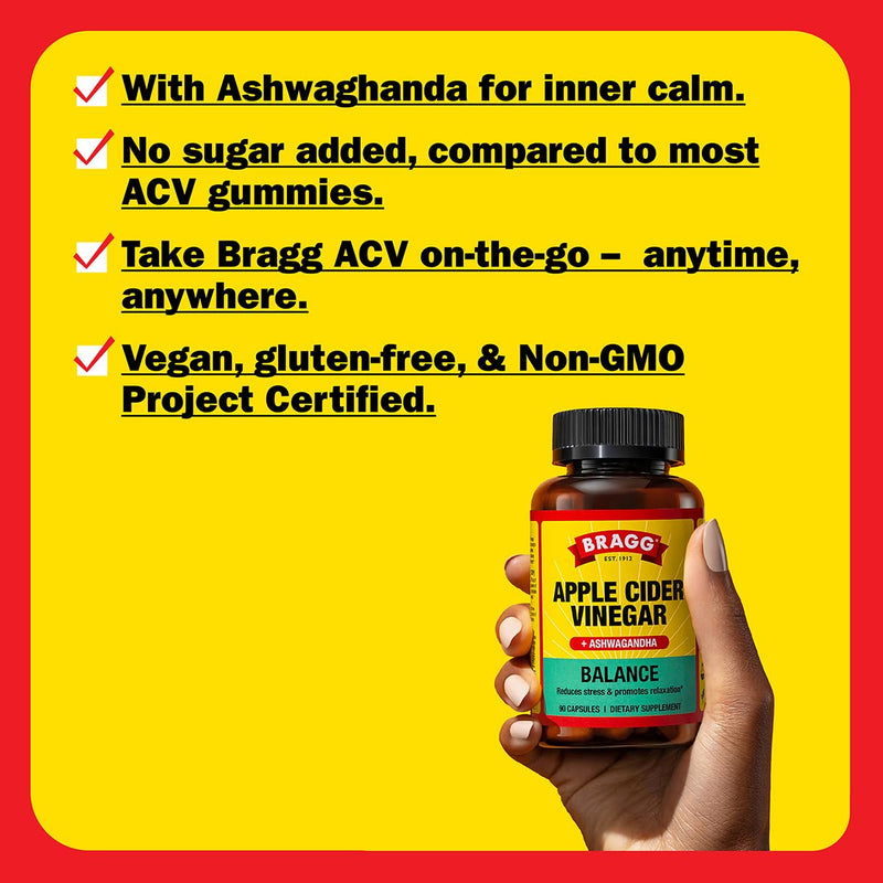 Bragg Daily Balance Apple Cider Vinegar and Sensoril Ashwagandha Capsules - 750mg of Acetic Acid ‚Äì Energy & Weight Management Support - (90 Pills)