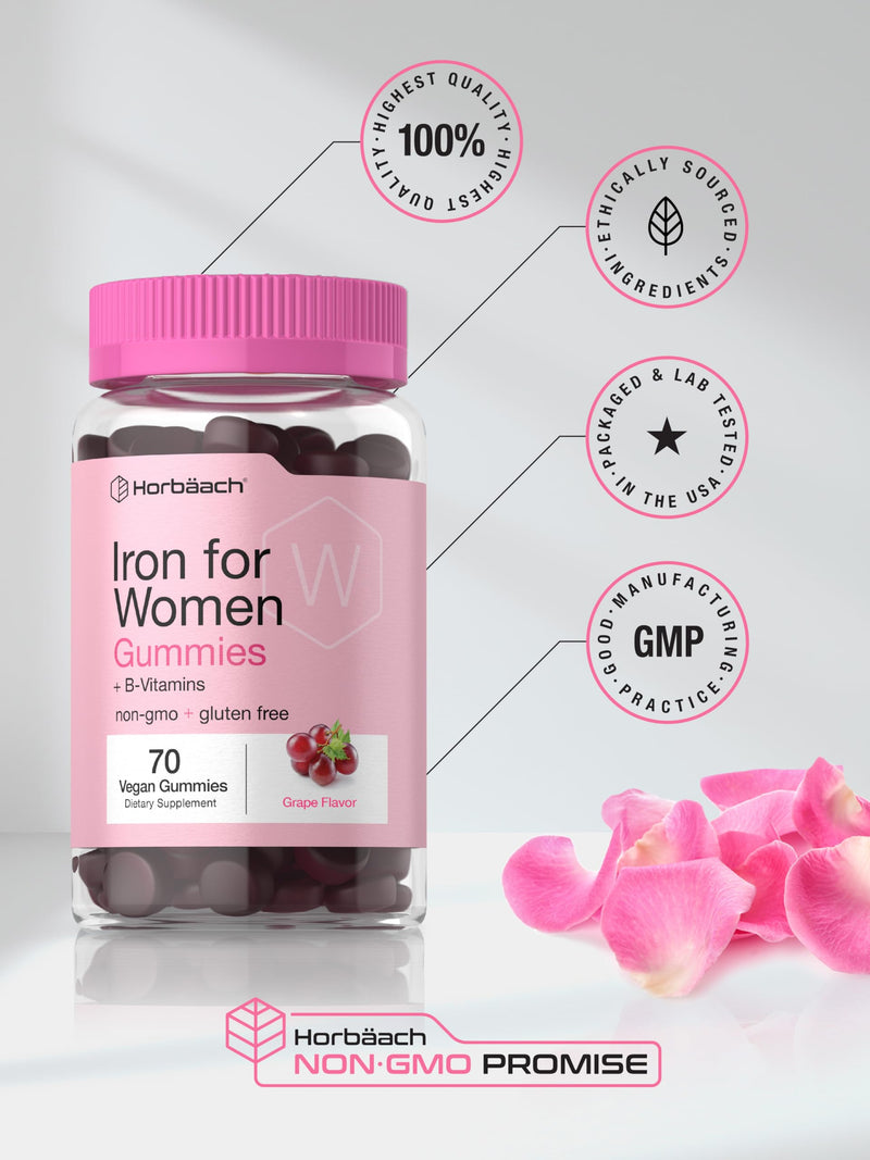 Horbäach Iron Gummies for Women | 70 Count | Grape Flavor | Supplement with B Vitamins Folate and Zinc | Vegan, Non-GMO & Gluten Free