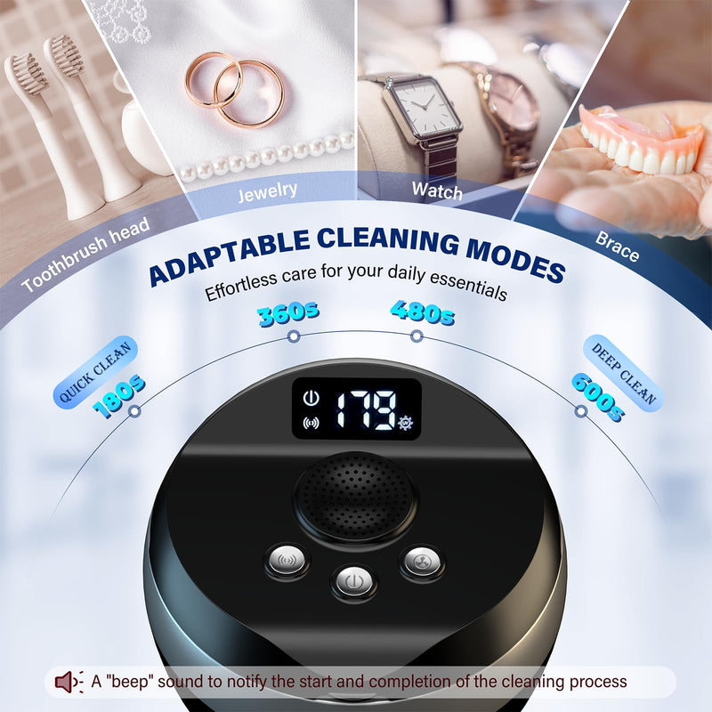 Ultrasonic Retainer Cleaner, 200ML Denture Cleaner for Mouthguard, Aligner, Brace, Night Guard and Dental Appliance with 4 Modes, 45kHz Jewelry Cleaner for Rings, Dental Cleaning Pod with Basket Black - BeesActive Australia