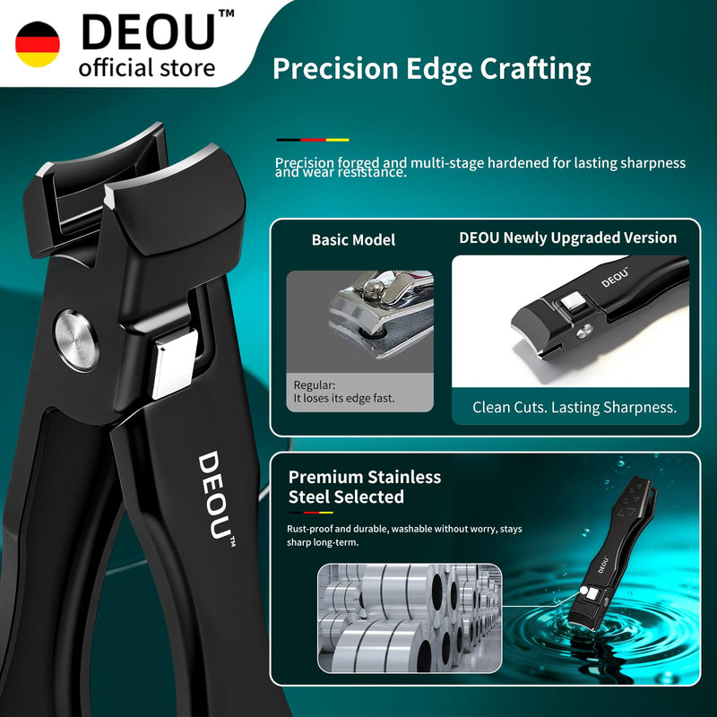 DEOU Nail Clippers Set, Stainless Steel Manicure Kit for Thick Hard Ingrown Nails, Anti-Splash with Nail File, Portable Keyhole Design, Gift Box for Home Travel (Black Flat-Mouth Scissors) Black Flat-mouth Scissors - BeesActive Australia