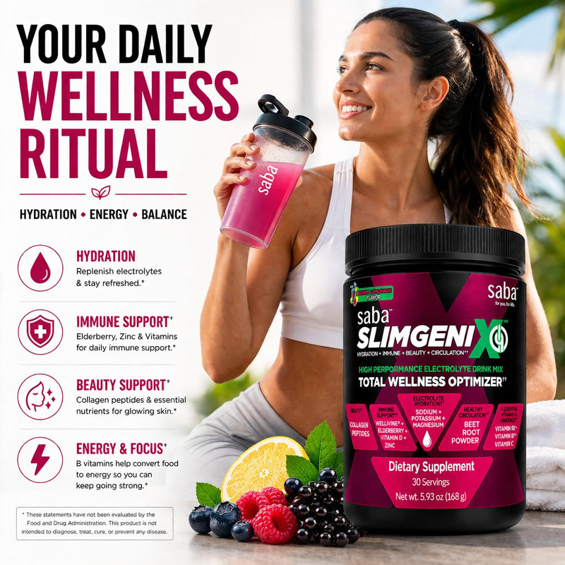 Saba SlimGenix IQ Electrolyte Powder Drink Mix – Hydration + Immune Support with Wellmune, Vitamin C & Zinc | Energy, Recovery & Daily Hydration | Berry Lemonade | 30 Servings