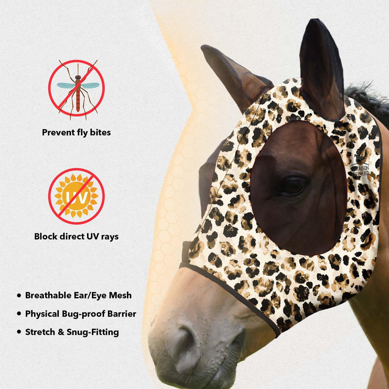 Harrison Howard Super Comfort Stretchy Fly Mask Large Eye Space with UV Protection Soft on Skin with Breathability Leopard Print Full Size Full(Large) - BeesActive Australia