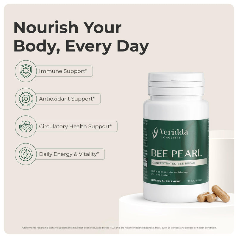Bee Pearl Capsules - Vegetarian Pollen Nectar and Enzyme Blend for Natural Immunity & Vitality Support, Concentrated Bee Bread 700 mg, Omega 3, Omega 6, Vitamin C
