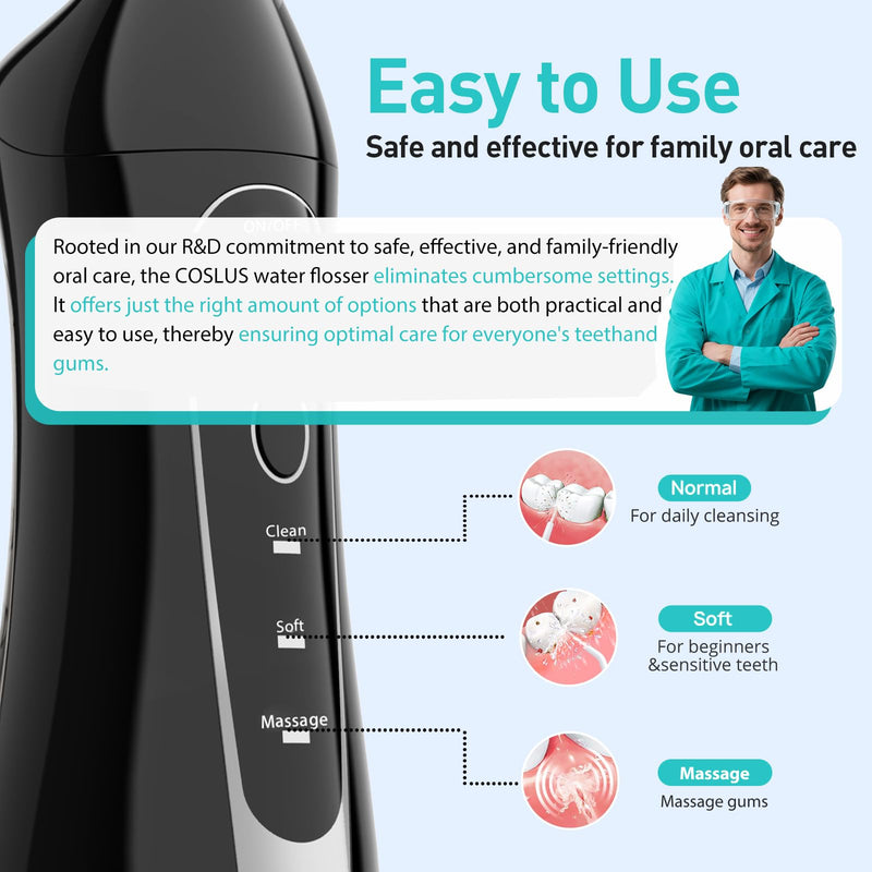 COSLUS Water Dental Flosser Teeth Pick C20(F5020E): Portable Cordless Oral Irrigator 300ML Rechargeable Travel Irrigation Cleaner IPX7 Waterproof Electric Flossing Machine for Teeth Cleaning Black - BeesActive Australia