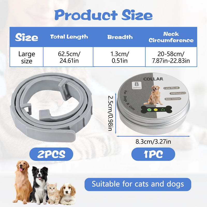 Pack of 2 Anti-Parasite Collars for Dogs and Cats - Flea and Tick Collar, 8 Months Protection, Adjustable 62 cm, 100% Natural and Waterproof (Grey) - BeesActive Australia