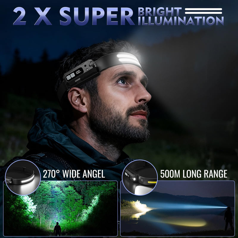 LED Headlamp Rechargeable with Red Light 2 Pack, 270° Wide Beam Head Lights for Forehead, 7Mode Head Lamp with Motion Sensor, LCD Digital Display, Waterproof Hard Hat Light for Camping Hiking Fishing Black with Red Light
