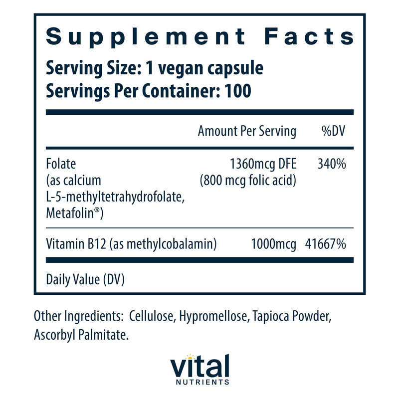 Vital Nutrients Vitamin B12 & Methyl Folate - Vegan Methylated Folate & B12 Supplement - 5-MTHF Plus B12 Supports Nervous System & Metabolism* - Gluten, Dairy, Soy Free - 100 Capsules 100 Count (Pack of 1)