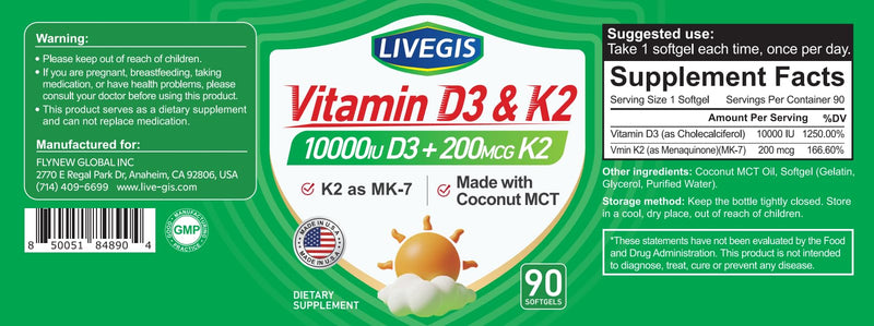 Vitamin D3 K2 10000 lU with NSF Certified for Immune System | K2 MK-7 200mcg, 90 mini softgels, supports immune, digestion & bone health, higher absorption, non-GMO, 3rd-party tested 90 Count (Pack of 1)