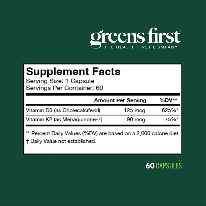 Greens First Vitamins D3+K2, 60 Vegetable Capsules | Support for Heart, Bone, Vascular and Immune Health, Made with Vitamin D3 & Vitamin K2