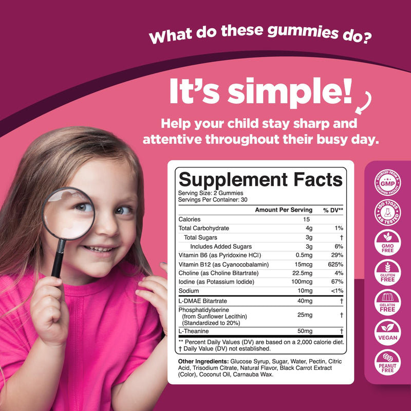 Phytoral Vegan Kids Focus Gummies - Potent Chewable Brain Support for Children - Enhances Concentration & Memory - Calming Supplements & Focus Gummies for Kids - Non-GMO & Gluten-Free - 60 Count 60 Count (Pack of 1)