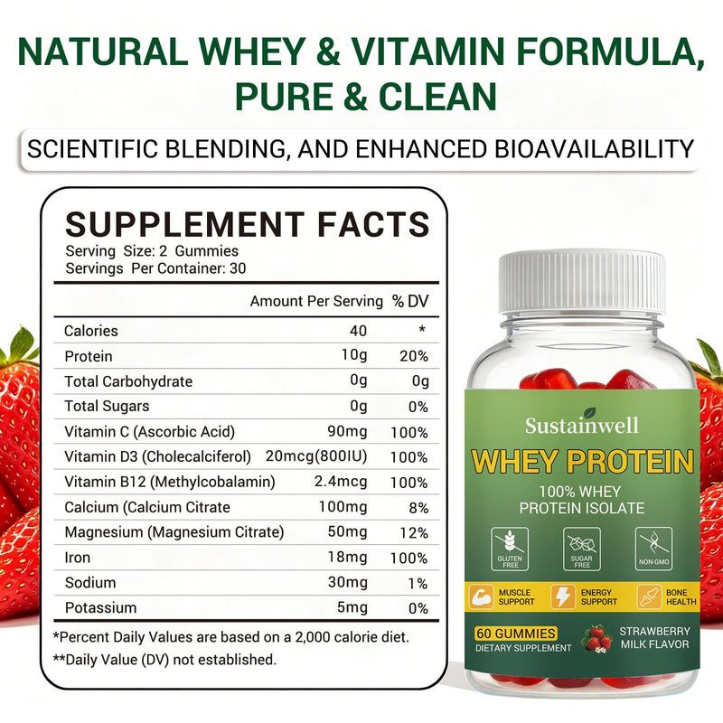 Whey Protein Gummies for Adults & Teens 100% Whey Protein Isolate with Vitamin C, D3, B12, Calcium, Magnesium & Iron, Muscle Support, Energy Boost & Bone Health, Strawberry Milk Flavor, 60 Counts