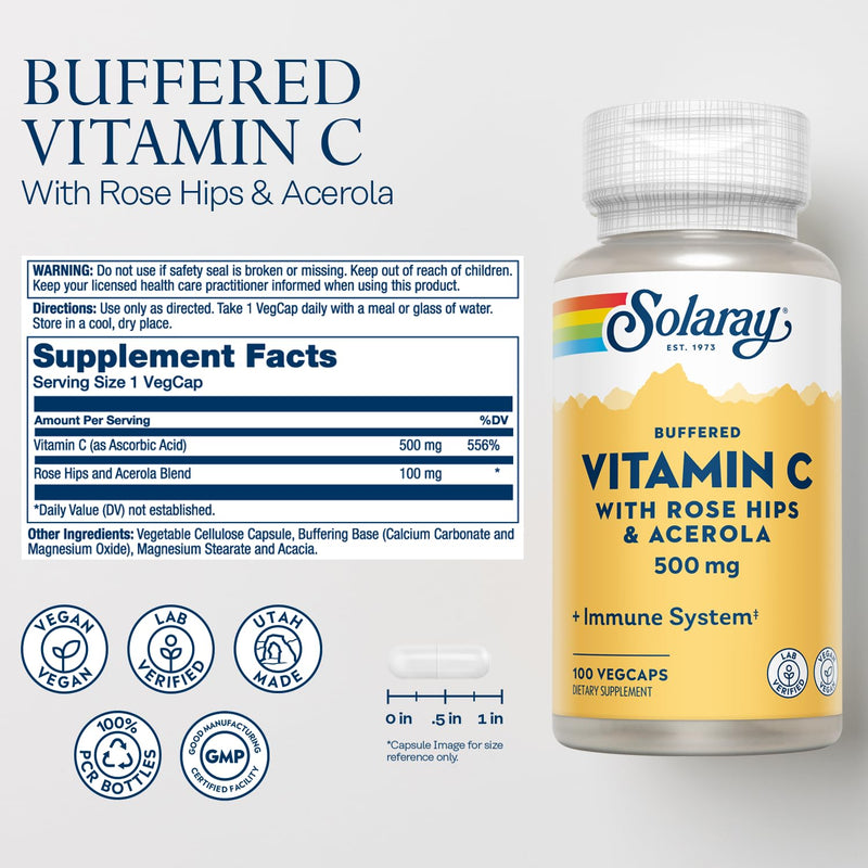 SOLARAY Buffered Vitamin C 500mg w/Rose Hips and Acerola, 100 Servings | Immune Support Supplement, Antioxidant Source - Buffering Base of Calcium, Magnesium for Easy Digestion - Vegan, Lab Verified