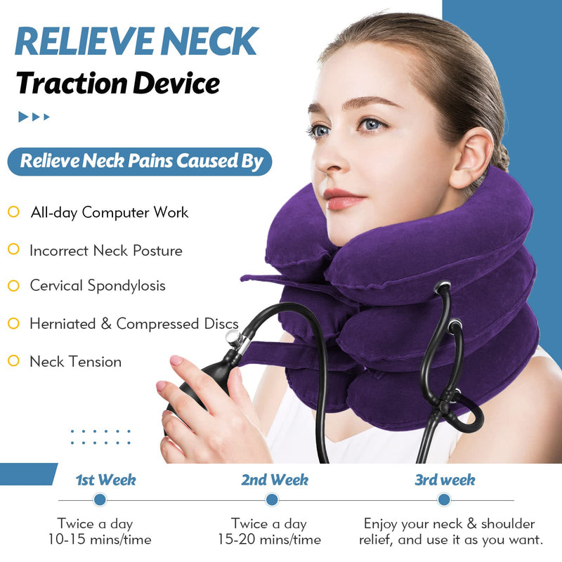 Neck Stretcher for Neck Pain Relief, Cervical Traction Device, Neck Traction Device, Adjustable Inflatable Neck Brace & Cervical Neck Traction Device Home Use Decompression(Purple) Purple - BeesActive Australia
