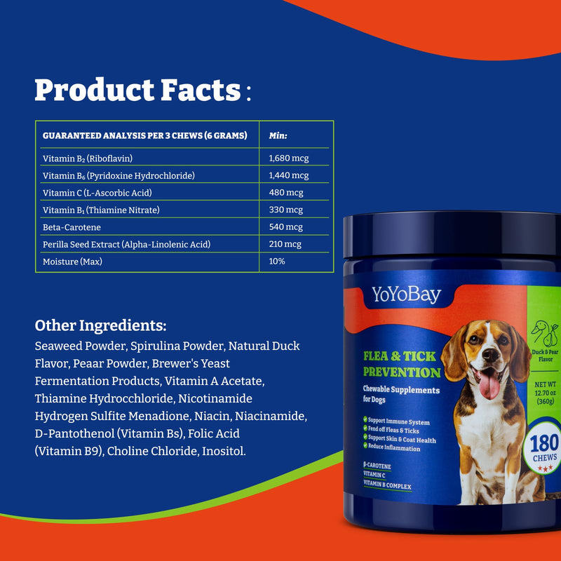Flea and Tick Prevention for Dogs Chewable - 180 Soft Chews, Duck & Pear Flavor - Dog Flea and Tick Treatment Chewable, Natural Defense- Dog Immune Support Supplement 180 Count (Pack of 1)