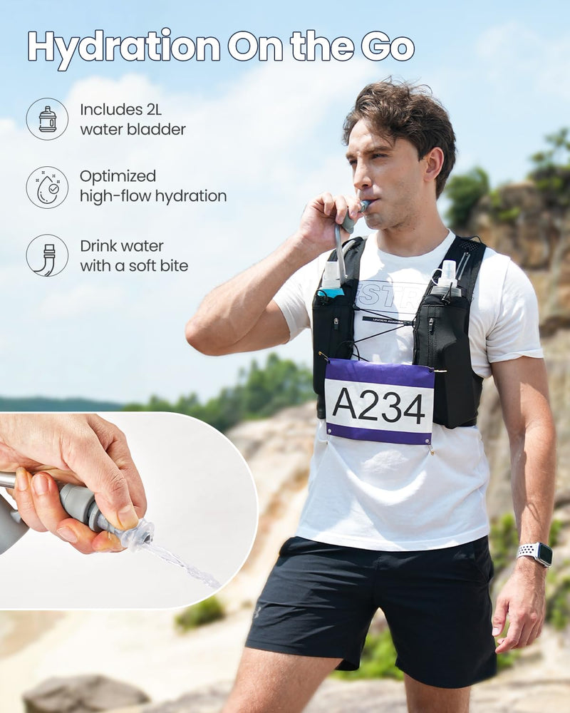 Running Vest for Women Men, USA Original Patent, Lightweight Adjustable Running Hydration Vest with 2L Water Bladder, Reflective Hydration Backpack for Marathon Hiking Black Medium-Large