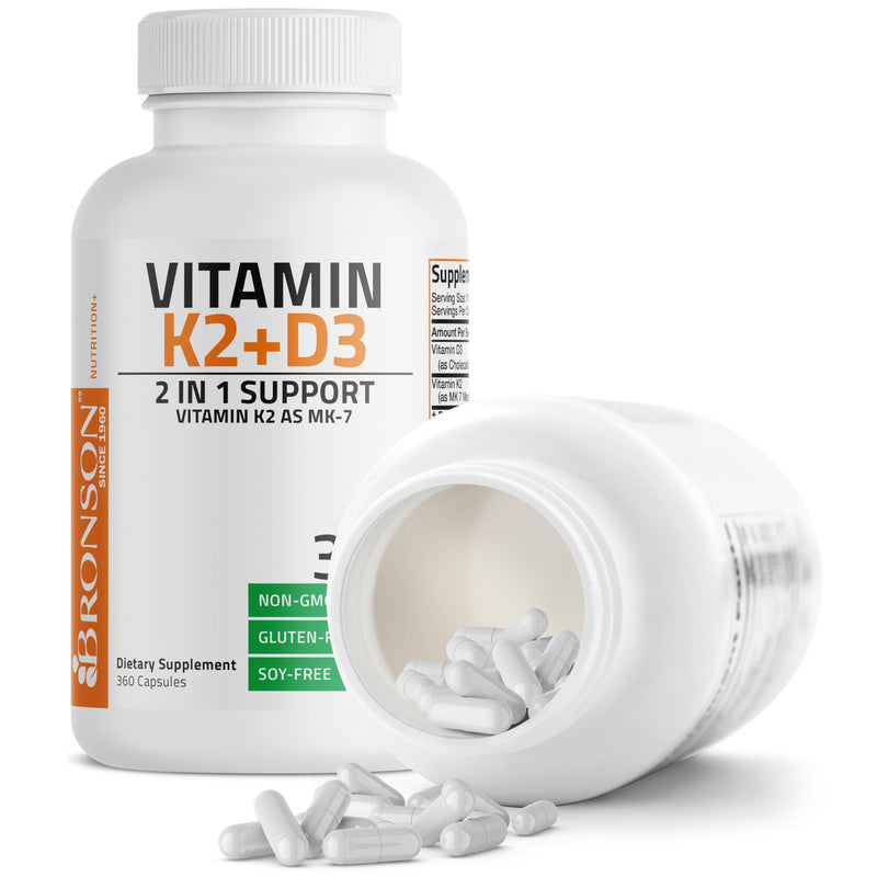 Bronson Vitamin K2 D3 (MK7) Supplement 2-in1 D3 & K2 Complex, 360 Capsules | Bone, Immune & Heart Health Support, Gluten Free, Soy Free, Non-GMO, Vitamin D3 5000IU (125 mcg) & 90 mcg K2 MK-7 360 Count (Pack of 1)