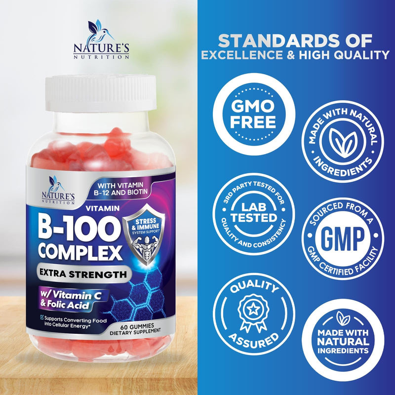Vitamin B Complex Gummies - Extra Strength Super B Vitamin Gummy with Vitamin C, Immune Support for Men & Women - Energy and Brain Support Supplements with Folic Acid, Niacin, B6, B12 - 60 Gummies 60 Count (Pack of 1)