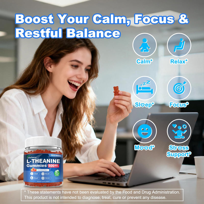 90 Count | L Theanine Gummies, L Theanine Supplement for Adults & Kids | w/ Ashwagandha, Magnesium, GABA & 5-HTP, Sugar Free Liposomal Formula for Calm Relax zzZ M♡♡d & Focus, Vegan 90 Count (Pack of 1)