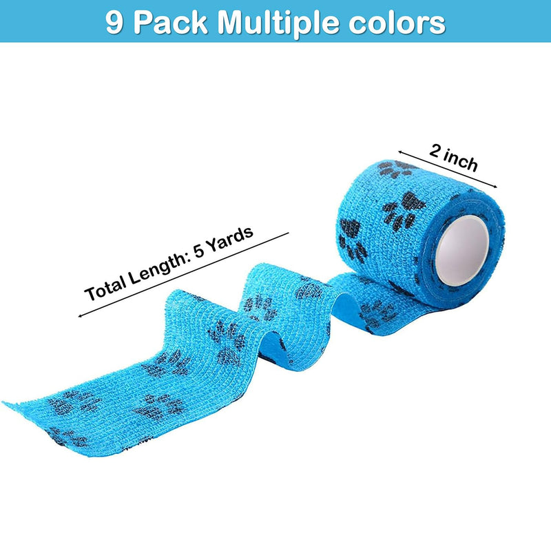 Self Adhesive Bandage Wrap, 9 Pcs 2 inch x 5 Yards, Self-Adhesive Non-Woven Tape, Pet Wrap for Dogs Horses Pet Animals for Wrist Healing Ankle Sprain and Swelling(2 Inch Claw) - BeesActive Australia