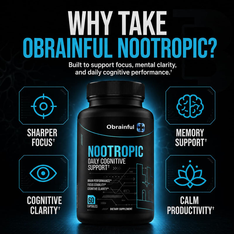 Nootropic Brain Support Supplement | Caffeine-Free Focus & Memory Formula with BCAAs, Bacopa & L-Theanine | Daily Cognitive Wellness & Mental Clarity for Adults | 60 Capsules