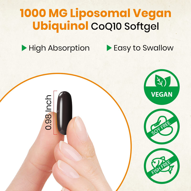 Besibest 1000mg Liposomal CoQ10 Ubiquinol, 60 Vegan Softgels, High Absorption Ubiquinol CoQ10 Supplement, Active Antioxidant Form of Coenzyme Q10 for Heart Function & Energy Production 60 Count (Pack of 1)