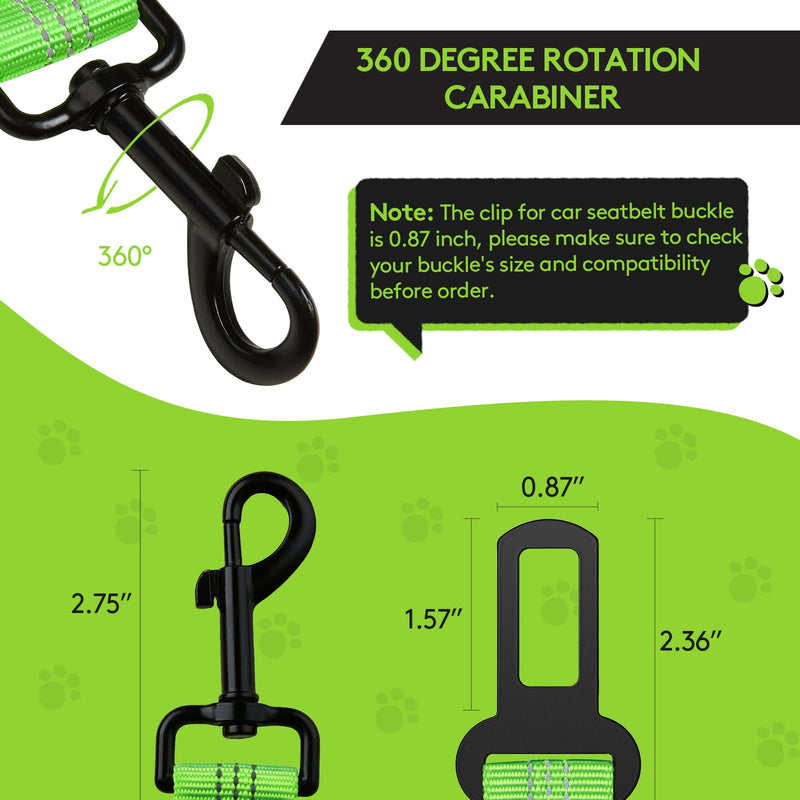 Nzonpet Dog Seat Belt, Retractable Dog Car Seatbelts, Safety Dog Seat Car Harness for Car Travel, Reflective Heavy Duty Pet Seat Belts w/Stainless Hook and Elastic Bungee Buffer-Green Green - BeesActive Australia
