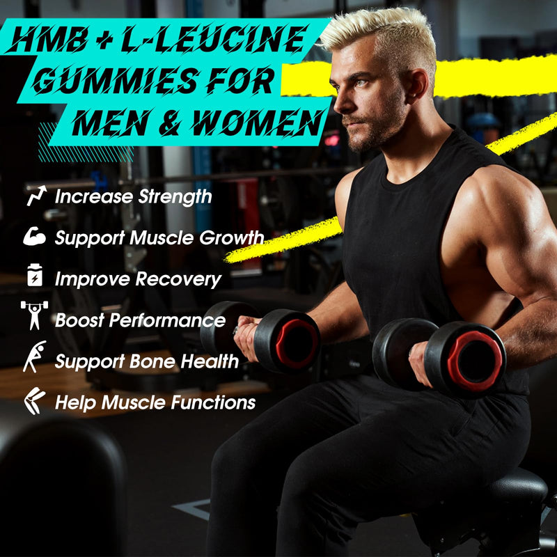 HMB Leucine Supplement Gummies, L-Leucine HMB with Vitamin D3 Magnesium Chewables for Men & Women, Amino Acid, Vegan, Sugar Free, 120 Count