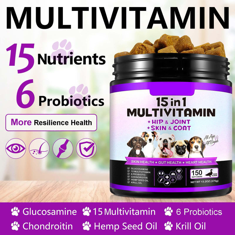 15 in 1 Dog Multivitamin Chewable, Dog Multivitamin Chews for Hip and Joint, Skin Coat, Gut Health, Immune System, 150 Chews with Duck Flavour for Small, Medium and Large Dogs (150 PCS)