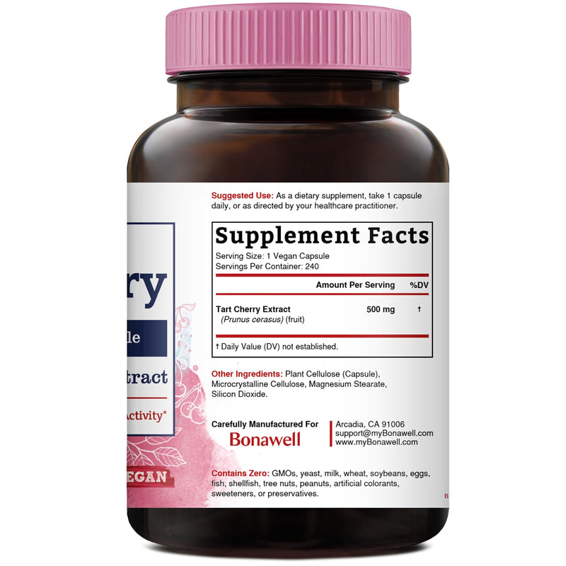 Tart Cherry Capsule, 500mg Extract Per Capsule, 240 Capsules | Made from Montmorency Tart Cherries, Powerful Uric Acid Cleanse, Antioxidant Support, 2 Month Supply 240 Count (Pack of 1)