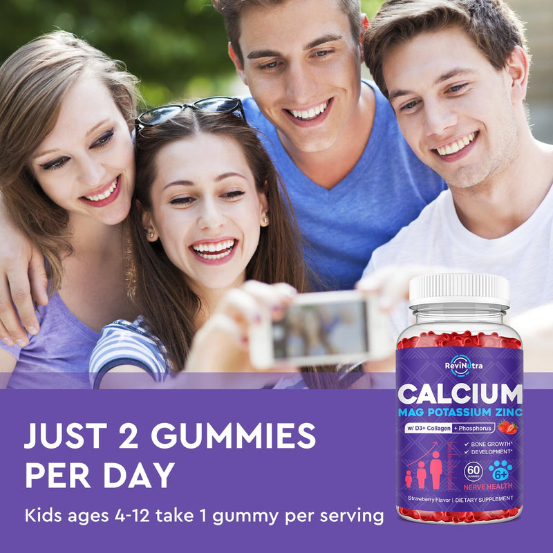 Calcium Potassium Magnesium Gummies for Kids & Adults, with Hydrolyzed Collagen, Zinc, Phosphorus, Multivitamin for Sleep, Bone Strength, Density Support, Sugar Free, Strawberry Flavor,120ct 60 Count (Pack of 2)