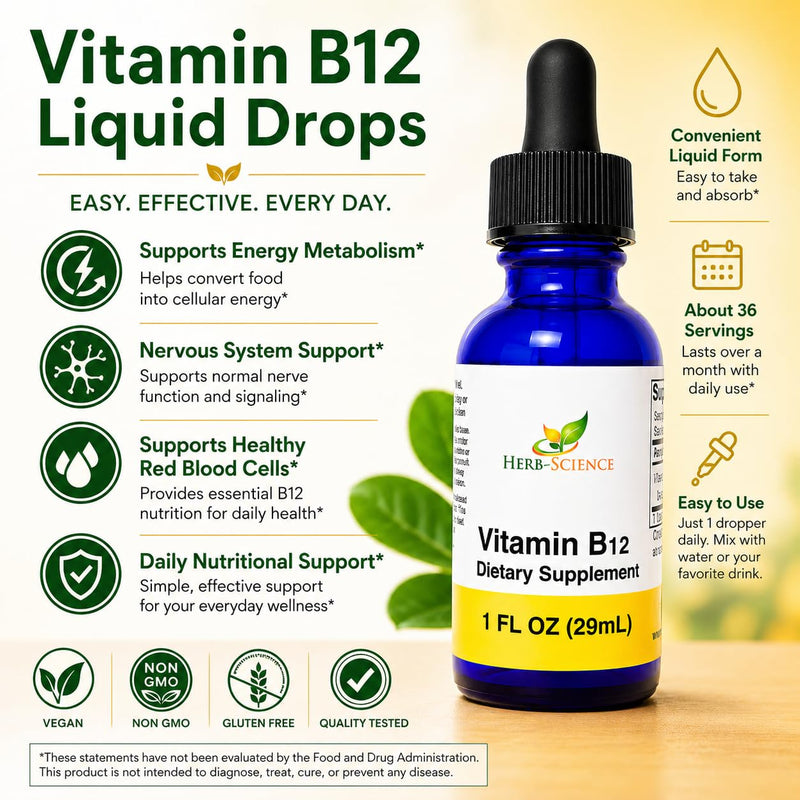 Liquid Vitamin B12 – Cold-Pressed, High Absorption, Vegan, Alcohol-Free, Sublingual B12 Drops, Cyanocobalamin, No Artificial Flavors, Blue Cobalt Glass Bottle for Maximum Freshness - 1 oz | Made with Only 3 Premium Ingredients, Vegan and Non-GMO, in an...