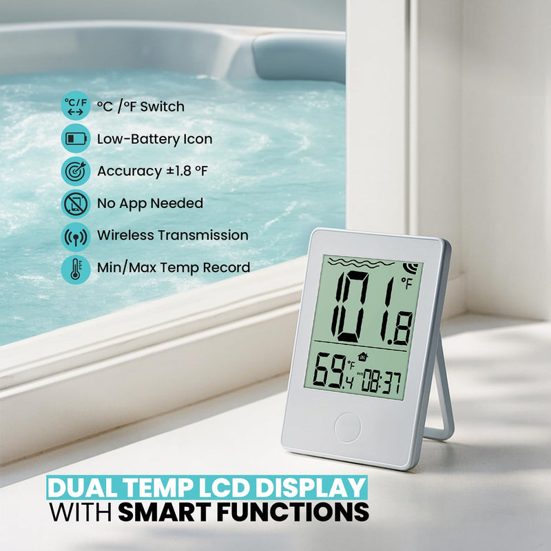 Pure55 SpaGauge Wireless Hot Tub Thermometer w/Batteries - IPX7 Waterproof Pool Thermometer - Floating, Easy-Read Digital Temperature Gauge w/Indoor Display - Ideal for Outdoor Ponds, Swimming Pools White Spa