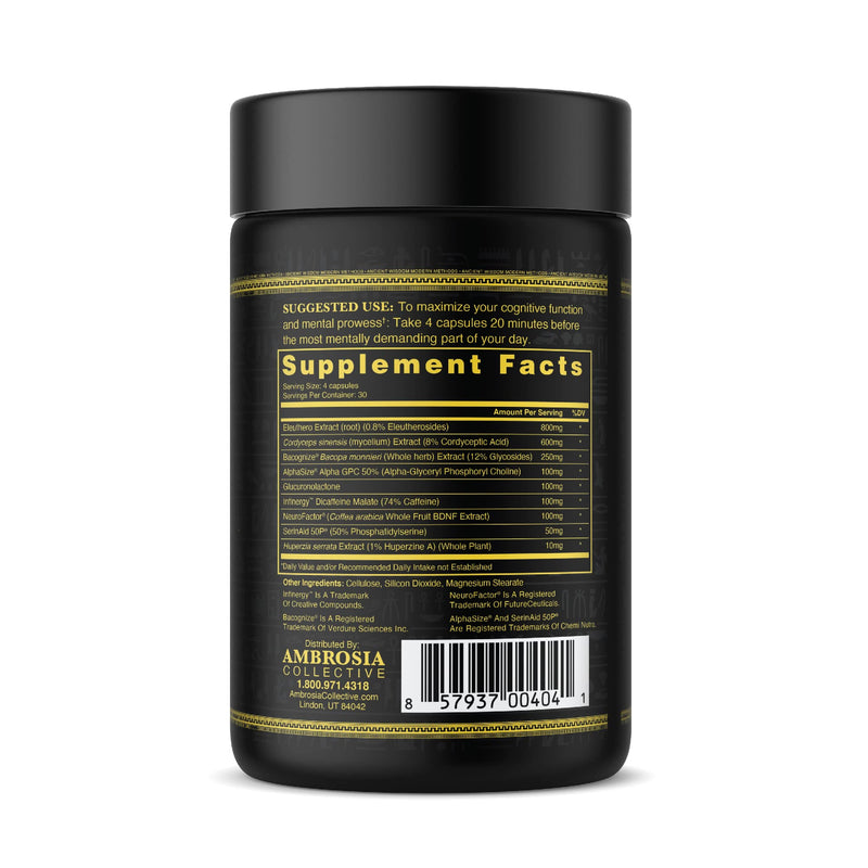 Ambrosia Mental Jewels Nootropic Brain Supplement | Alpha GPC, Bacopa & Phosphatidylserine | Memory, Focus & Concentration Support | 120 Veggie Capsules (30 Day Supply)