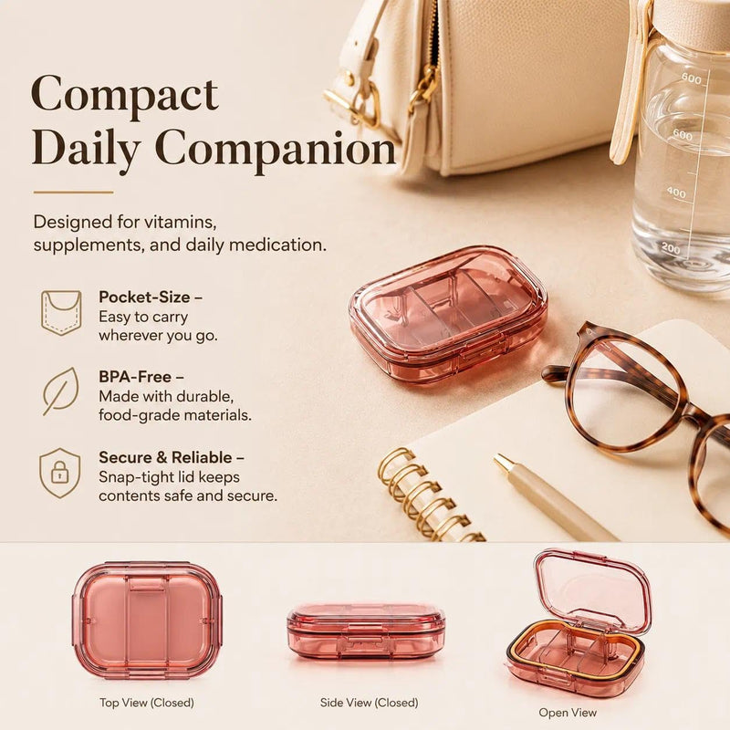 Mini Portable Vitamin Case Small Pill Box Travel Organizer, Red | Daily Supplement Container Fish Oil Storage. For commuting, school, office, travel, daily carry, storage, and organization.