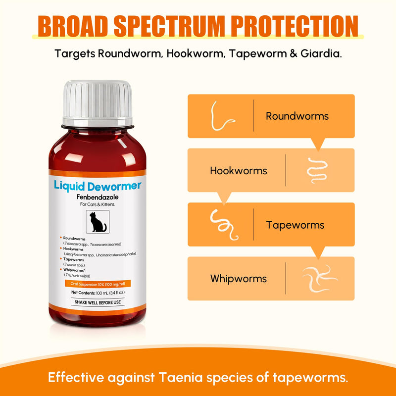 Dewormer for Cats & Kittens Fenbendazole Liquid - Broad Spectrum Suspension - Easy to Mix with Food - Removes Roundworm, Hookworm, Tapeworm - Includes 3ml Dosing Syringe (100ml)